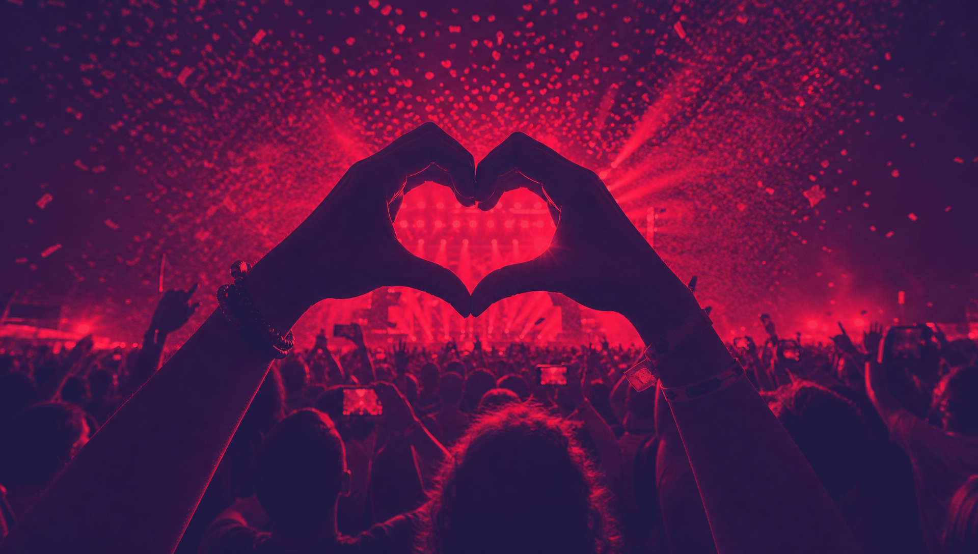 Audience member making a heart gesture in the crowd at a Chaos Theory activation