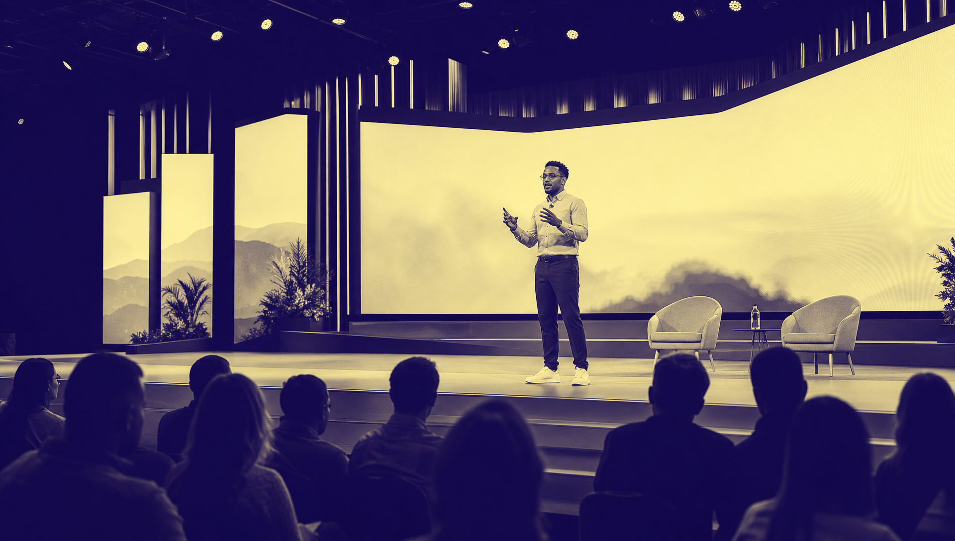 Conference event management with a modern conference stage and audience environment