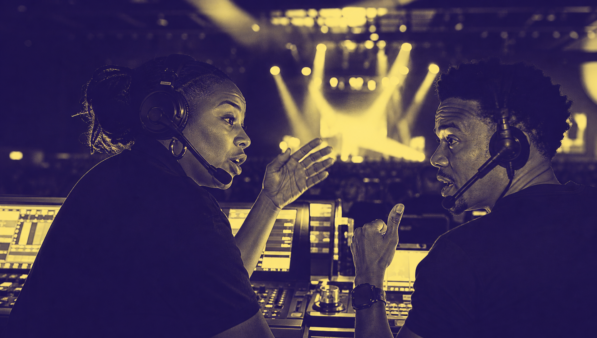 Live show-control team coordinating cues during an event in deep purple and pale yellow duotone