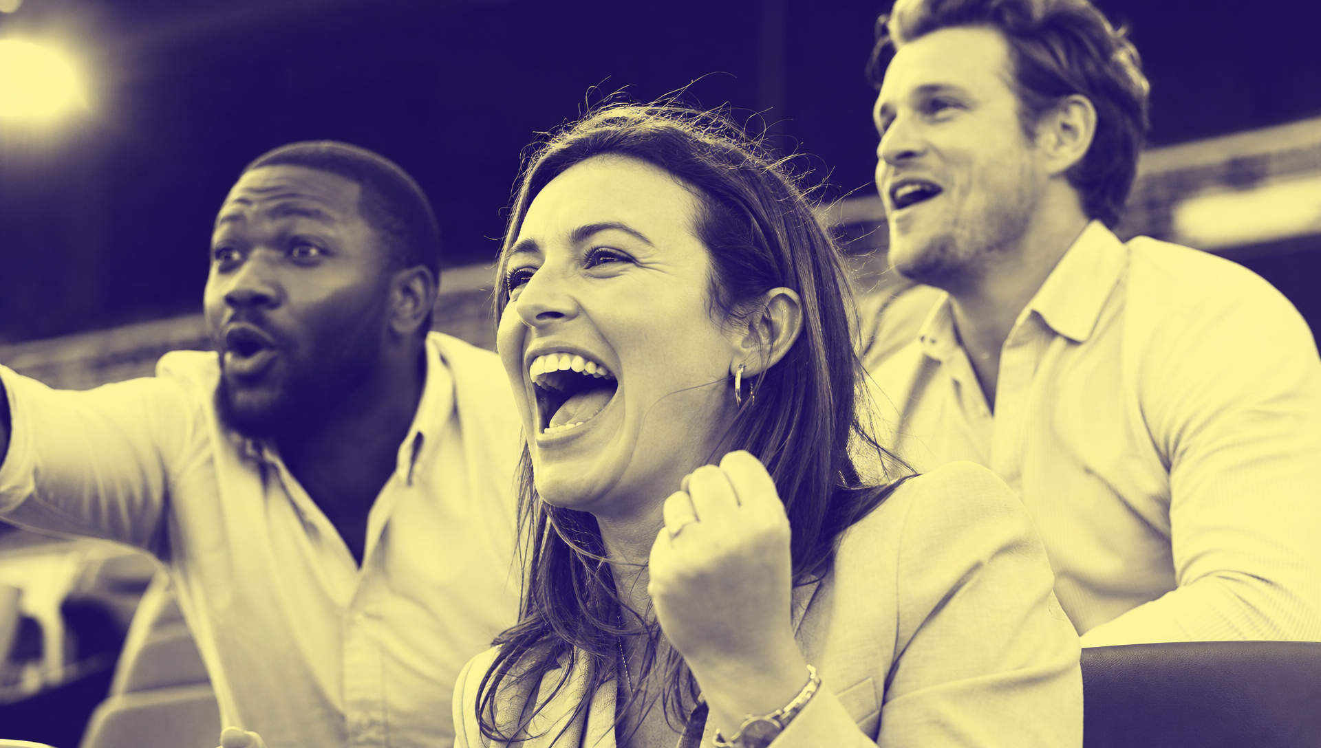 Sports fans reacting to a live moment in deep purple and pale yellow Chaos Theory duotone